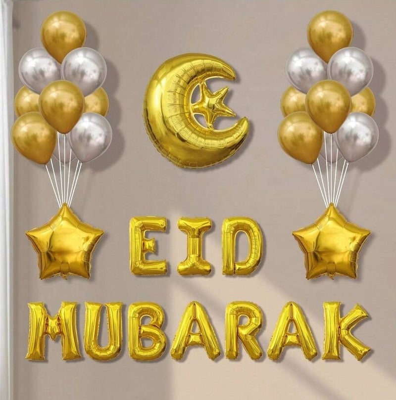 Eid Mubarak Decoration Set – Gold & Silver Balloon Kit with Moon, Star and “Eid Mubarak” Letters, Perfect for Eid Party Décor - Image 1